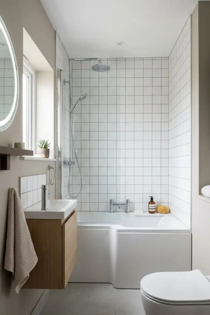 Small bathroom with compact bathtub