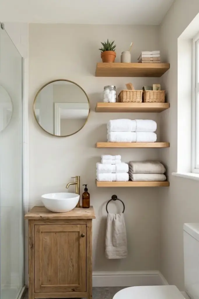 Small bathroom with wooden open shelves