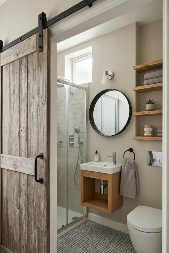 Small bathroom with sliding barn door