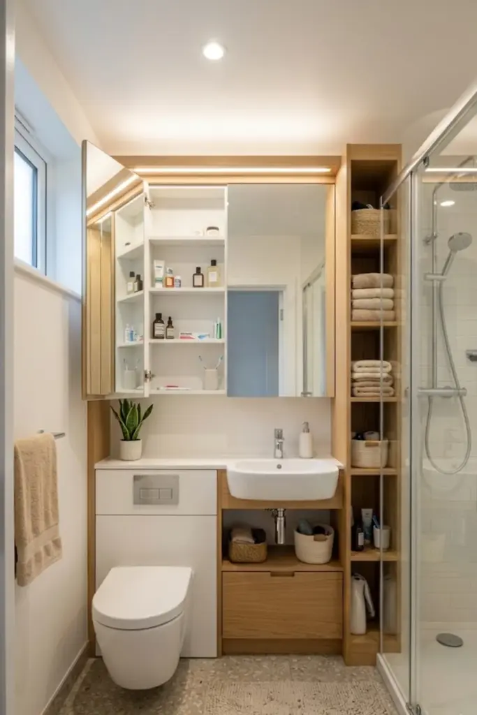 Small bathroom with combined storage