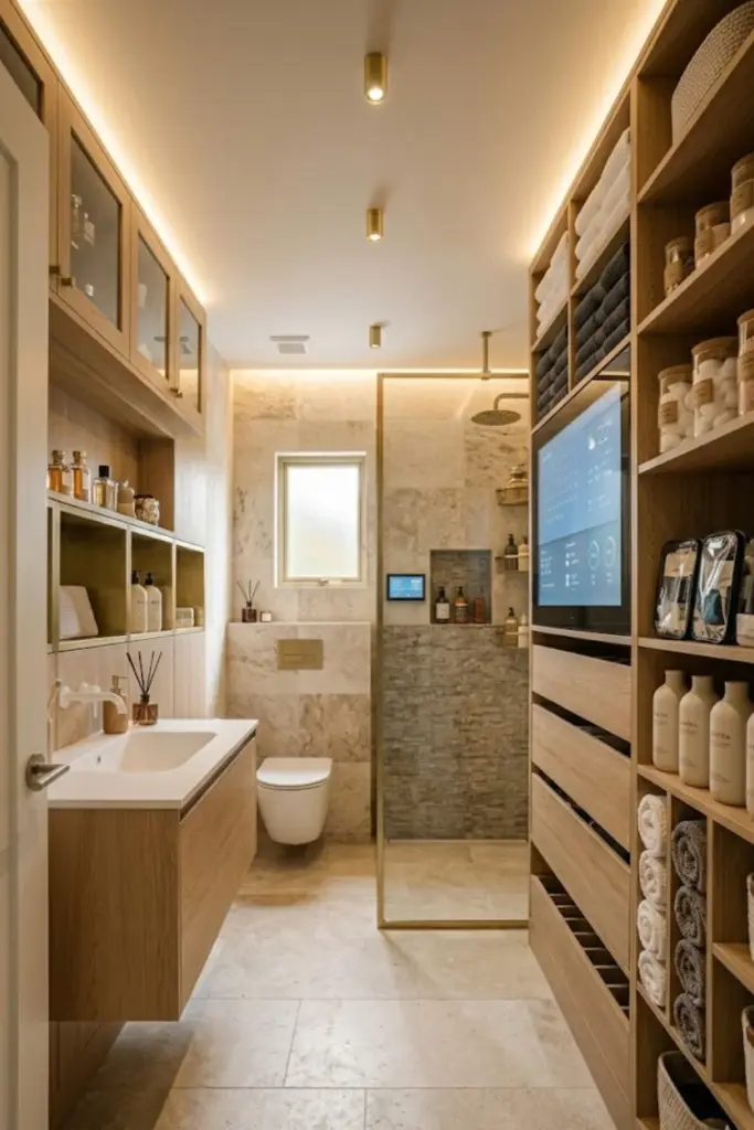 Small bathroom with tall shelves