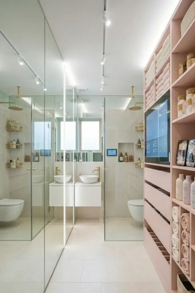 Small bathroom with large mirror wall