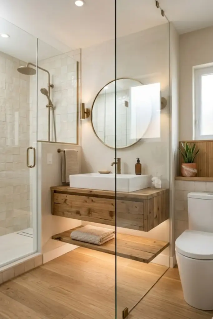Small bathroom with glass divider between shower and toilet