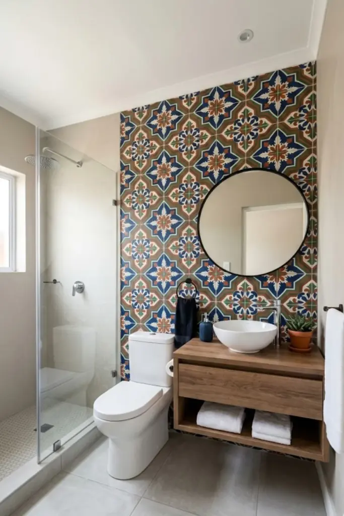 Small bathroom with one bold patterned tile wall,